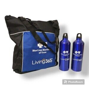 BlueCross BlueShield Of Texas Blue Water Bottle and Bag Living 365 NEW